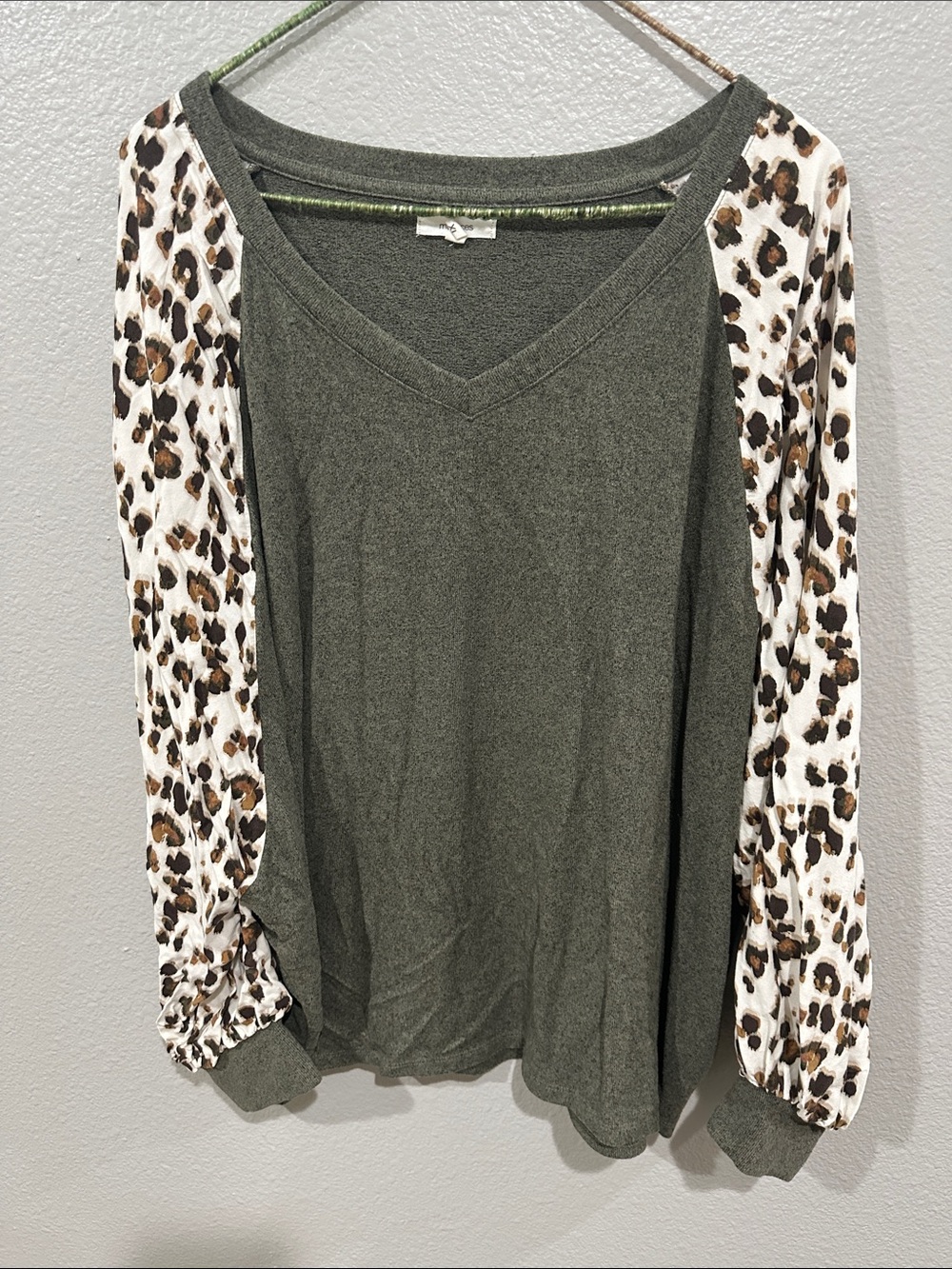 Olive Green V-Neck Top with Leopard Print Sleeves